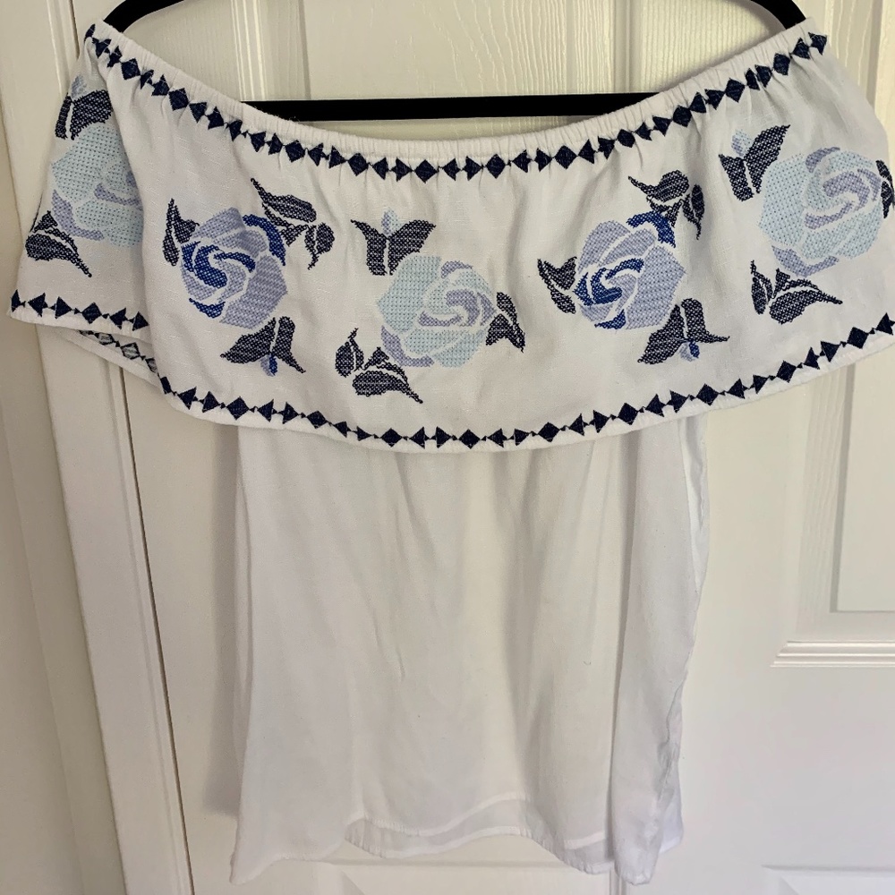 Francescas blue rain- off the shoulder white shirt
